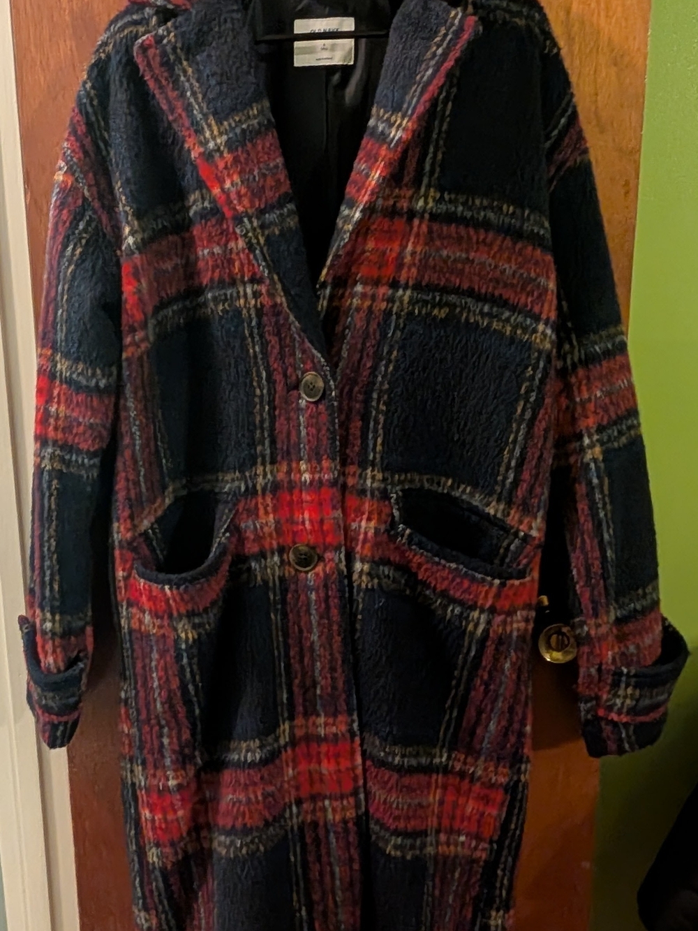 Old Navy Red & Navy Plaid Hooded Trench Coat